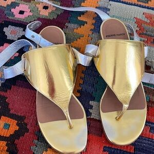 Pierre Hardy gold and silver wrap around ankle Gladiator sandals.